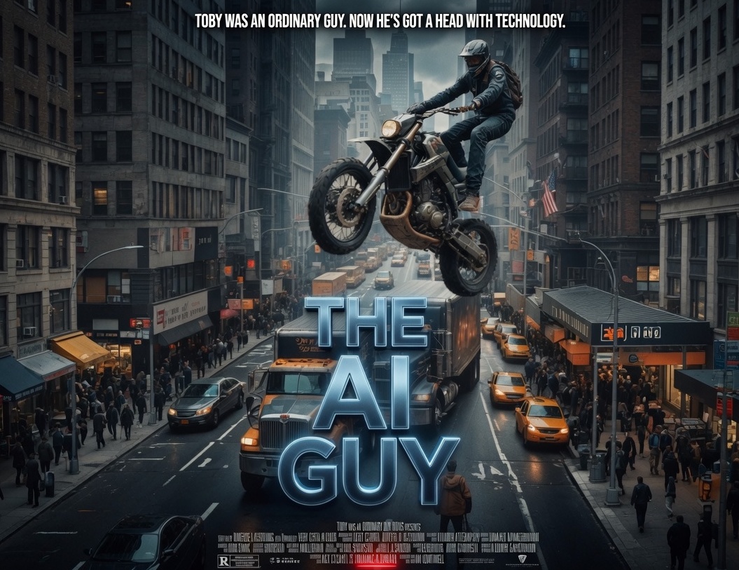 The AI Guy poster: a motorcyclist jumping over gridlocked New York traffic