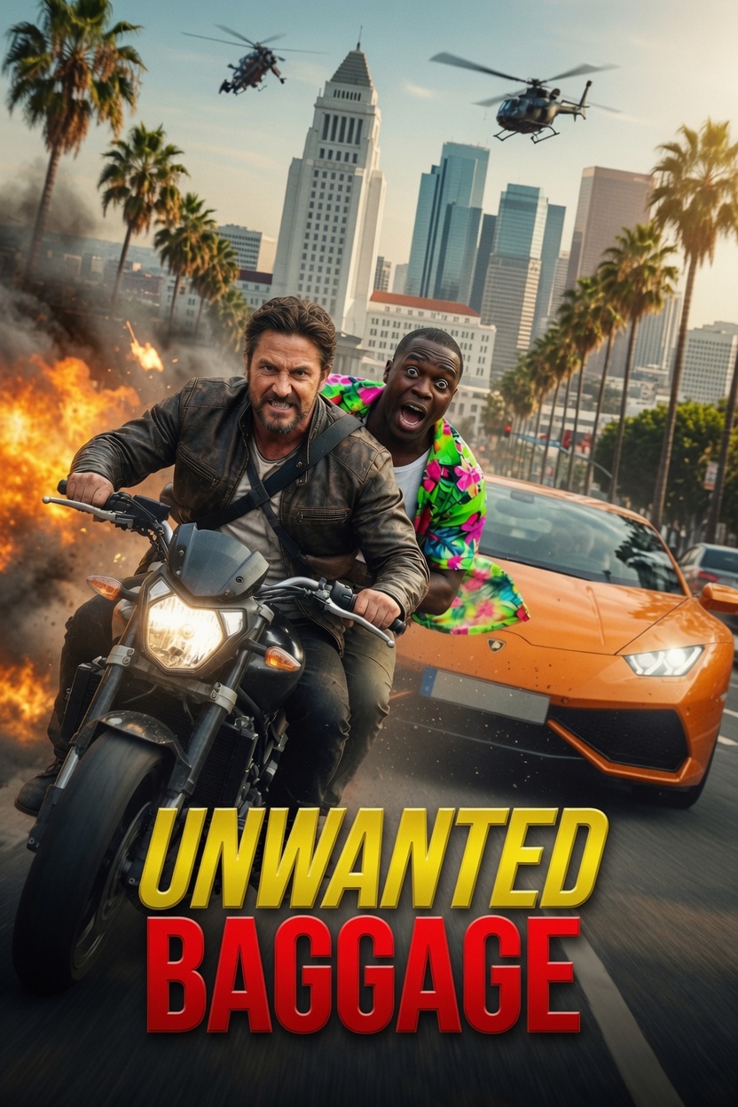 Unwanted Baggage poster: two men riding a motorbike away from an explosion on a Los Angeles street